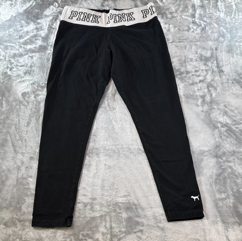 PINK Victoria Secret Yoga Leggings Womens Large Black Foldover Waistband Stretch